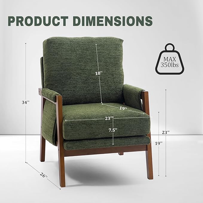 Modern Accent Chair for Living Room Mid Century Arm Chair Upholstered Bedroom Chair Comfy Lounge Chair with Solid Wood Frame, Green-Ruum Studio Home