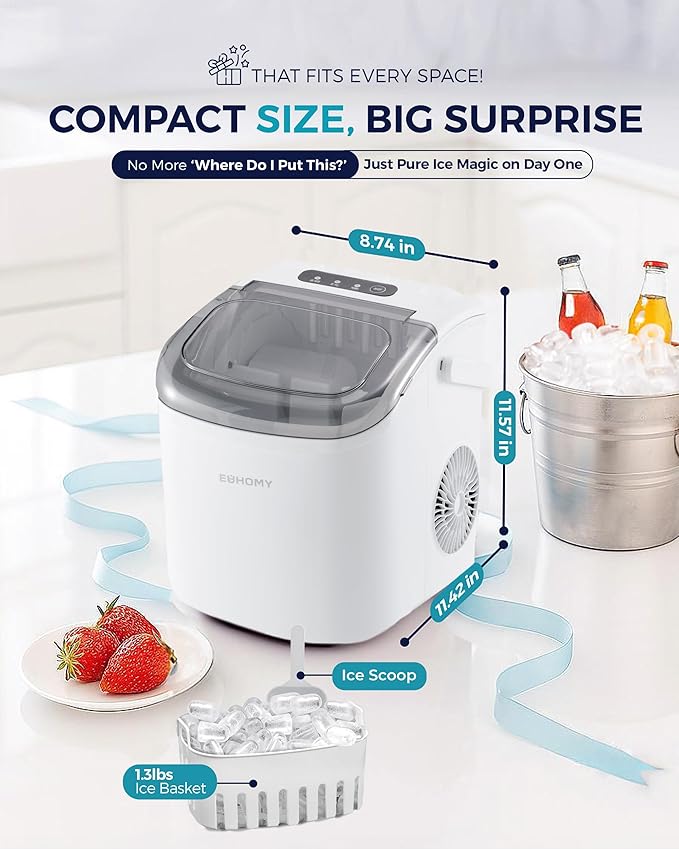 EUHOMY Countertop Ice Maker Machine with Handle, 26lbs Per Day, 9 Ice Cubes Ready in 6 Mins, Auto-Cleaning Portable Ice Maker with Basket and Scoop, for Home/Kitchen/Camping/RV (White)-Ruum Studio Home