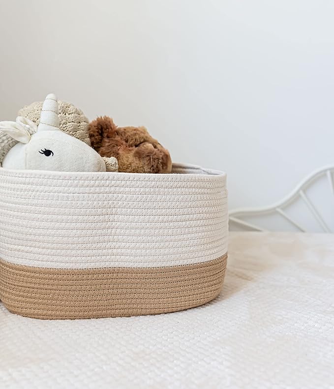 OrganiHaus Set of 3 Woven Storage Baskets for Organizing, Cotton Rope Organizer Bins for Shelves, Closet & Nursery, Dog Toy Basket, Decorative Bins for Toys, Towels & Books - 15x10x9, Honey/Off-White-Ruum Studio Home