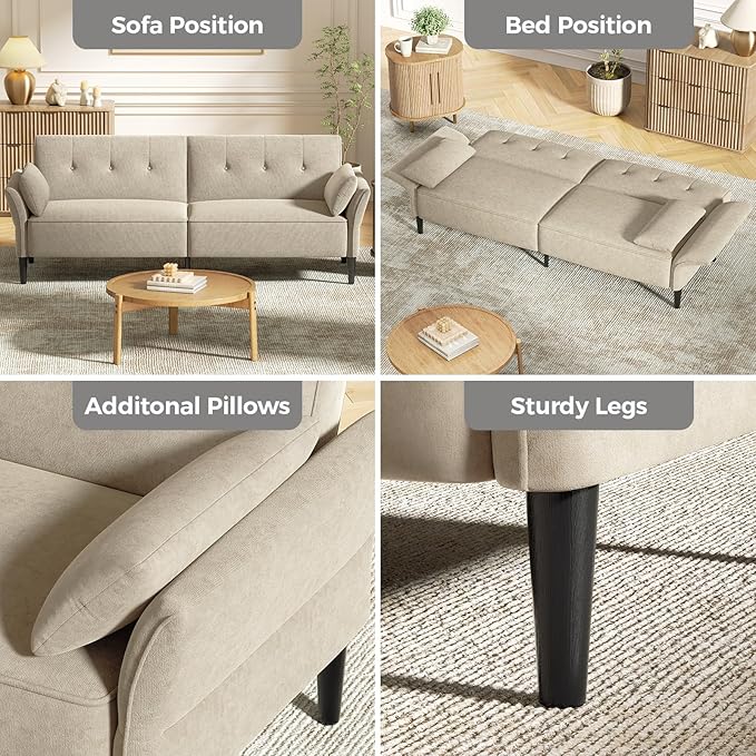 89” Futon Sofa Bed, Velvet Fabric Comfy Futon Couch Bed with 2 Square Pillows, Convertible Sleeper Sofa with Adjustable Backrest& Armrests, Modern Loveseat Sleeper for Living Room, Beige-Ruum Studio Home