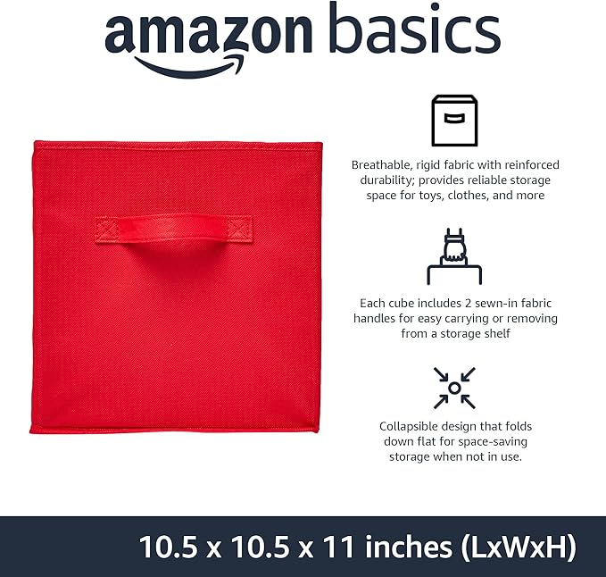 Amazon Basics Cube Organizer Storage Bins Handles, Collapsible Fabric, Pack of 6, 10.5"x10.5"x11", Red-Ruum Studio Home