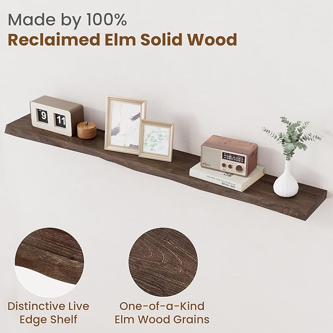 Floating Shelves for Wall Decor, Rustic Solid Elm Wood Live Edge Floating Shelves Wall Mounted, Wall Shelves with Invisible Bracket for Living Room Bathroom Bedroom Kitchen, 55 Inch, Walnut-Ruum Studio Home