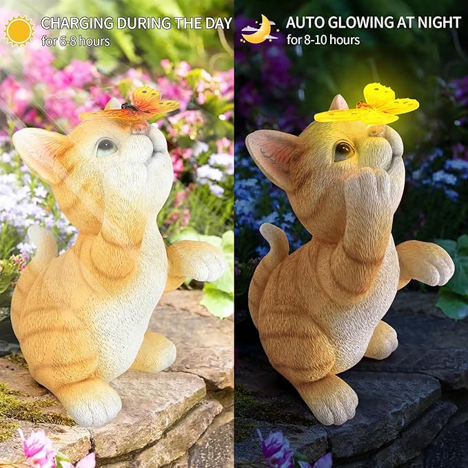 Solar Garden Statue Cat Figurine,Resin Cat Statue Playing Butterfly,Outdoor Decoration for Patio,Balcony,Yard, Lawn-Unique Housewarming Gift for Garden Mom Grandma-Ruum Studio Home