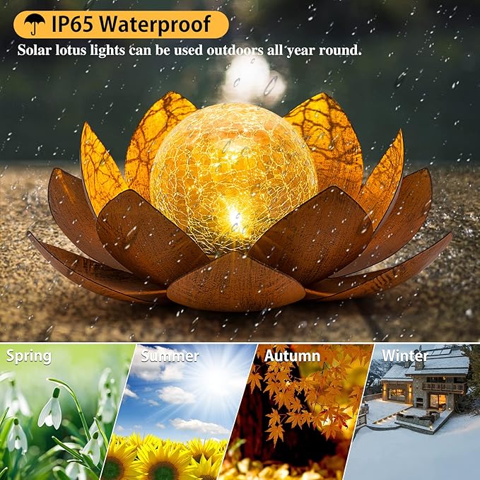 Solar Light Outdoor(2Pack), Art Crackle Globe Glass Lotus Decoration, Solar LED Waterproof Metal Flower Lights for Patio,Lawn,Walkway,Tabletop-Ruum Studio Home