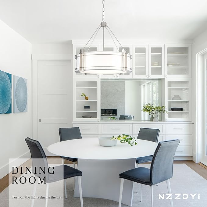 20.4''Drum Chandelier,5-Light Brushed Nickel Modern White Fabric Chandeliers,Farmhouse Round Pendant Light Fixture for Dining Room Kitchen Island Living Room Bedroom Hallway-Ruum Studio Home