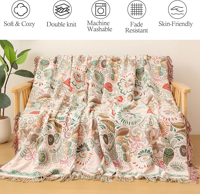 Snycler Cotton Bed Throw with Tassels, Double-Sided Bohemian Spring Flowers Plants Throws for Sofas, 60x80 inch Woven Warm Blanket for Single Sofa, Bedspread and Settee Couch Travel Green-Ruum Studio Home