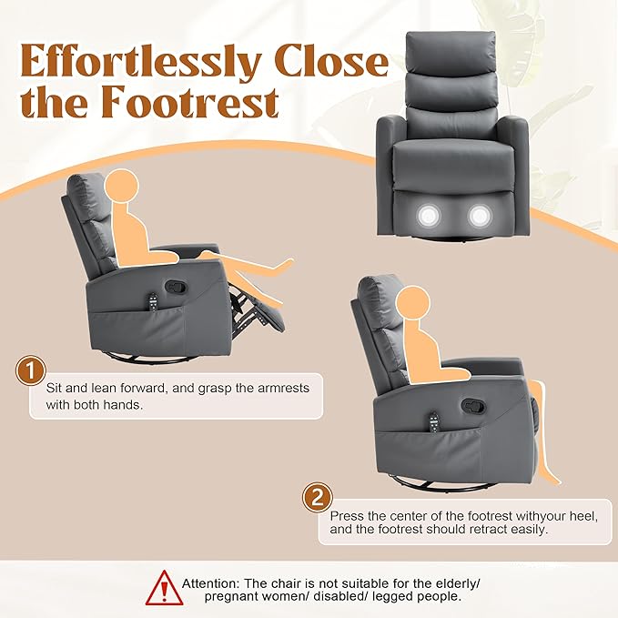 Manual Swivel Rocker Recliner Chair for Adults, Overstuffed Reclining Glider Chair for Nursing with Vibration Massage & Heat, Living Room Rocking Recliner 3-Stage backrest, Faux Leather Gray-Ruum Studio Home