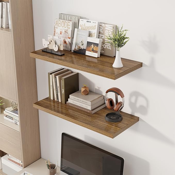 32" Floating Shelves for Wall, 12" Deep Slim Walnut Floating Shelves, Wall-Mounted Shelves for Bedroom, Living Room, Kitchen, Bathroom - Set of 2-Ruum Studio Home