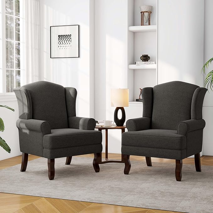 Accent Chair, High Back Upholstered Armchair with High Resilience Sponge & Wood Legs, Mid-Century Modern Comfy Single Sofa Reading Chairs for Living Room, Bedroom (Dark Grey, Set of 2)-Ruum Studio Home