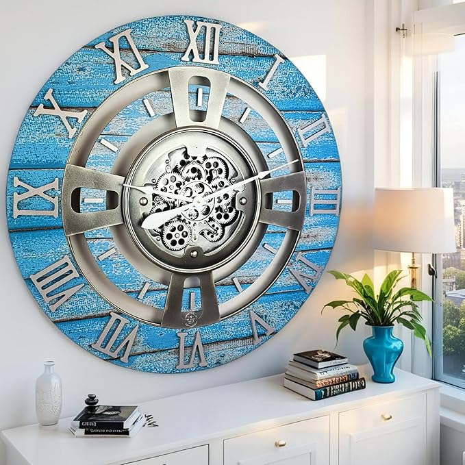 The Gears Clock Real Moving Gear Wall Clock England Line (Ocean Blue, 36 inches (90 cm))-Ruum Studio Home