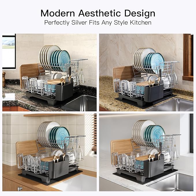 BOOSINY 2 Tier Grey Large Stainless Steel Dish Drainers Drying Rack for Kitchen Counter with Drainboard, Rust Proof Metal, Space Saving, Modern Aesthetic, Compact Plates Strainers with Extra Mat-Ruum Studio Home
