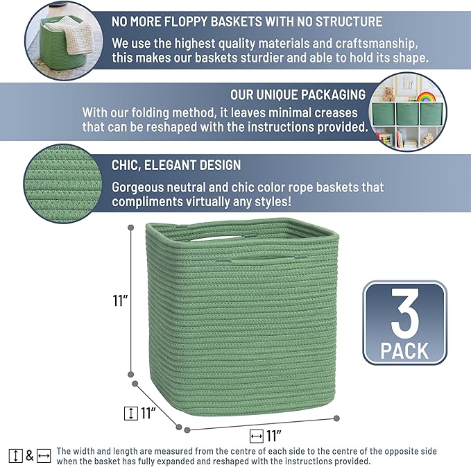 NaturalCozy Storage Cubes 11 Inch Cotton Rope Woven Baskets for Organizing, 3-Pack | Cube Storage Bin | Square Storage Baskets for Shelves Organizer, Classroom, Kids Toy Bins, Closet, Baby Nursery-Ruum Studio Home