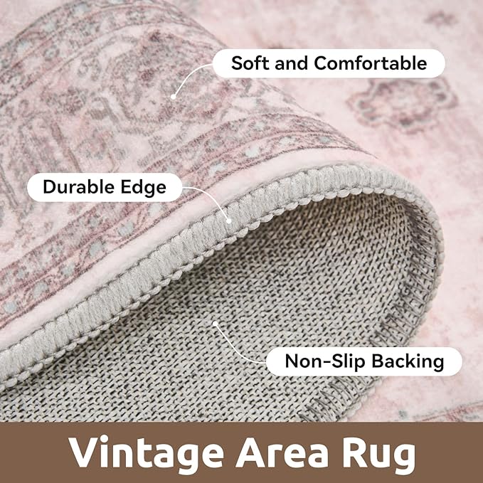AMOAMI-Vintage Area Rug 8X10 Pink Rugs for Living Room-Soft Living Room Rug Non Slip Rugs for Bedroom Carpet Machine Washable Rug for Dining Room Bedside Office Room Decor-Ruum Studio Home