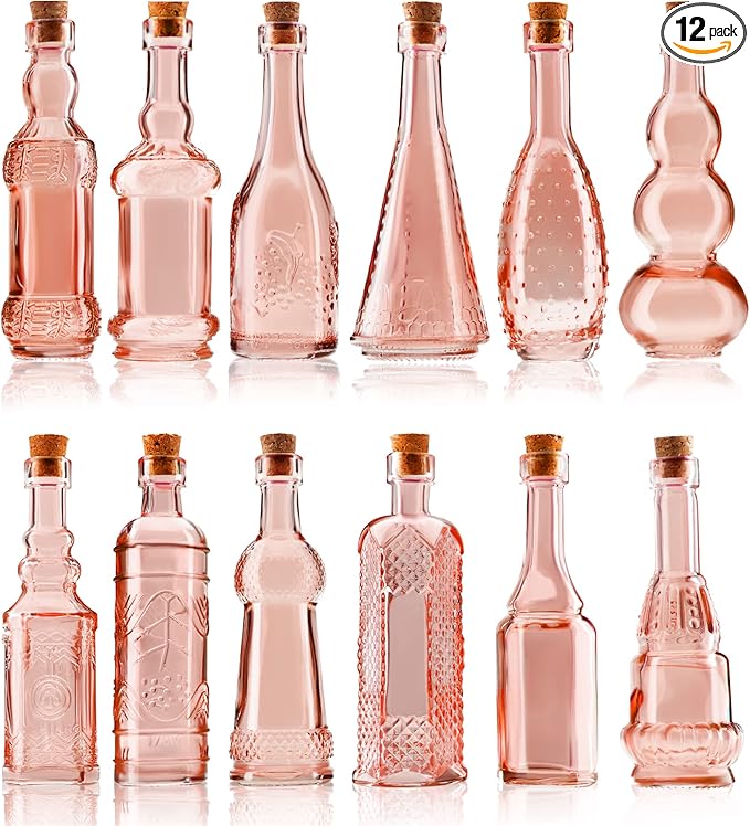 Small MIni Reddish Vintage Glass Bottles with Corks, MIni Vases, Decorative, Potion, Assorted Design Set of 12 pcs, 4.6 Inch Tall (11.43cm), 1.4 Inch Wide (3.56cm)-Ruum Studio Home