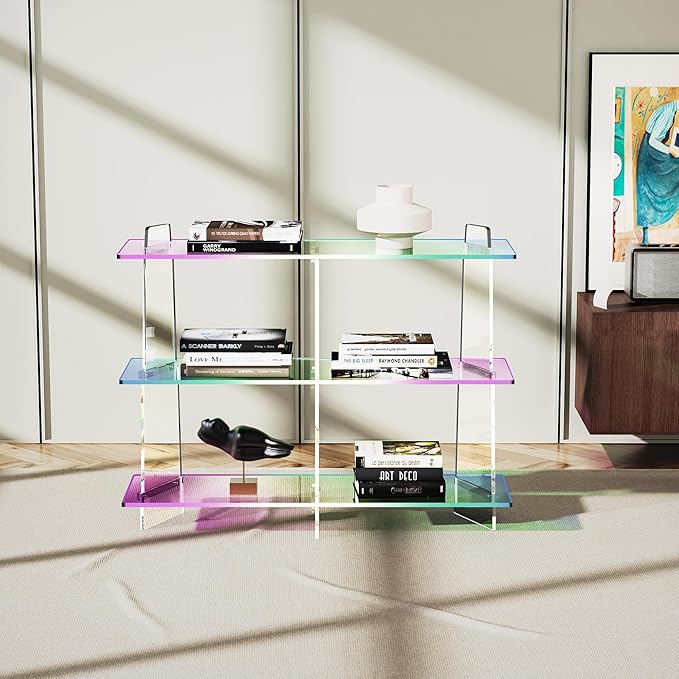 Acrylic Bookshelf, Small 3 Tier Open Bookcase for Small Spaces,Sofa Table, Hallway Entry Table for Home Living Room (Iridescent, 39.4" x 11.8" x 31.5)-Ruum Studio Home