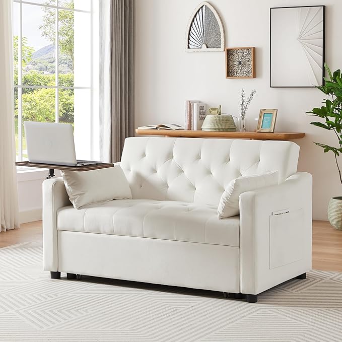3-in-1 Convertible Sleeper Sofa Bed, Pullout Couch with 360° Swivel Side Table, Modern Chenille Fabric, Easy to Assemble, Folding Loveseat Sofa Bed for Living Room & Guest Room-Ruum Studio Home