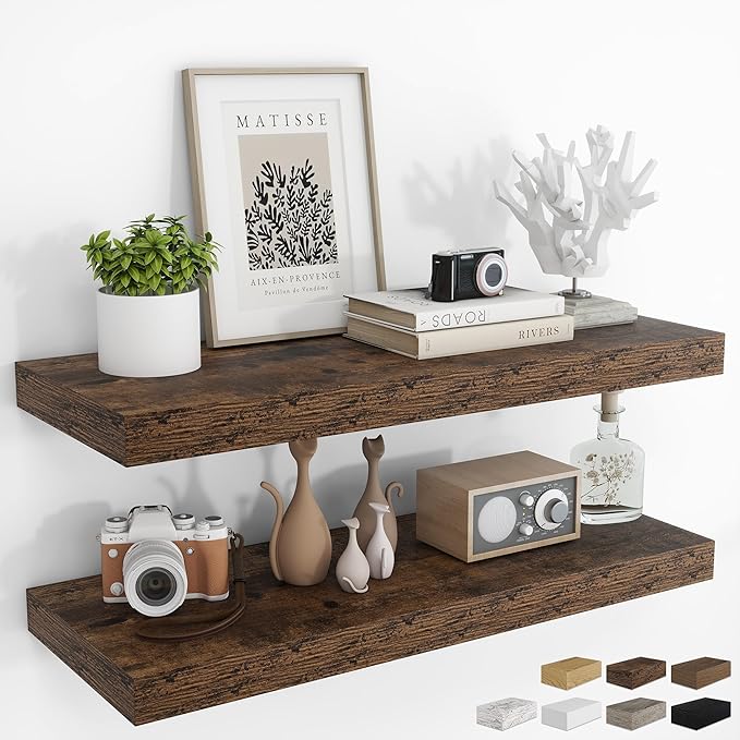RICHFOCUS 36Inch Floating Shelves for Wall 2 Pack Shelves for Bedroom|Kitchen|Bathroom Wall Mounted Rustic Wood Floating Shelf with Invisible Brackets for Books|Storage|Decor, Rustic Brown-Ruum Studio Home