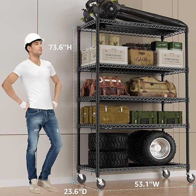 IZEUK Garage Shelving Wide Storage Shelves 5 Tier Metal Shelves 4000 LBS Heavy Duty Adjustable Utility Shelf Rack Black 23.6" D x 53.1" W x 73.6" H-Ruum Studio Home