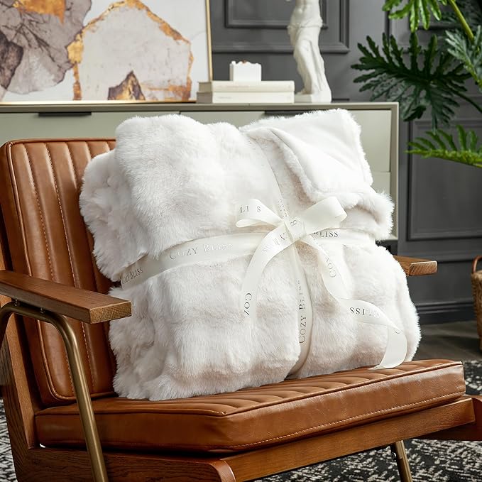 Cozy Bliss Faux Fur Throw Blanket for Couch, Fuzzy Soft Plush Thick Bubble Blanket for Sofa Bedroom Living Room, 90 * 90 Inches Cream White-Ruum Studio Home