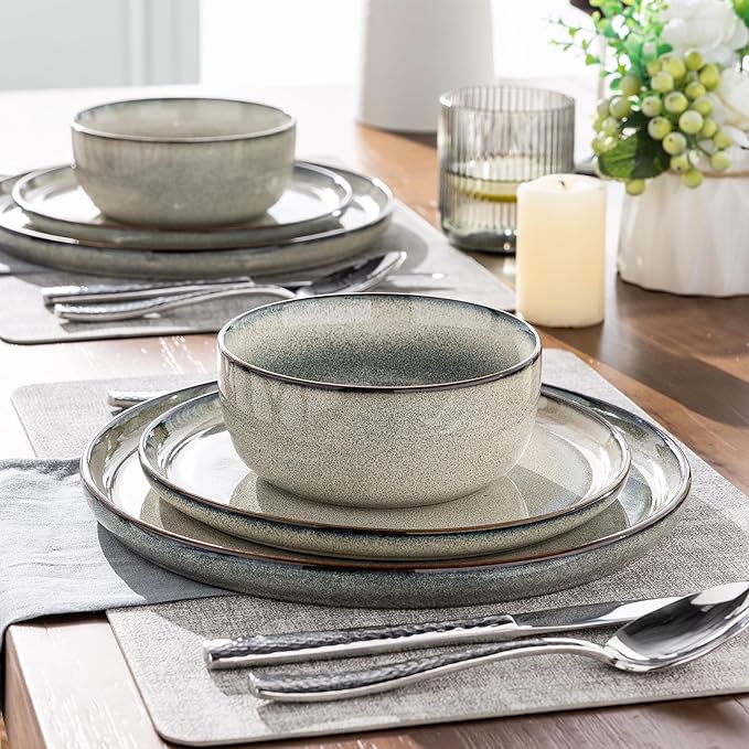 GBHOME Ceramic Dinnerware Sets for 8, 24 Pieces Stoneware Plates and Bowls Sets, Scratch Resistant Dishes, Dishwasher & Microwave Safe, Reactive Glaze-Green Wheat-Ruum Studio Home