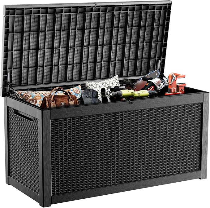 320 Gallon Deck Box Waterproof, UV Resistant Resin Outdoor Storage Box with Hydraulic Rod, Lockable Design and Enhanced Durability for Patio, Garden, and Poolside Use-Ruum Studio Home