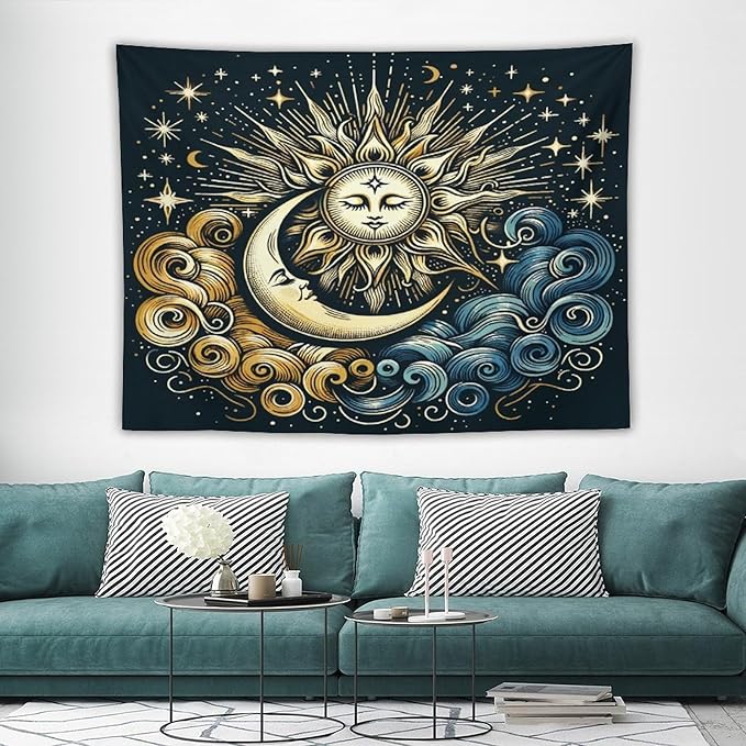 HZOHNAGO Sun Moon Tapestry Boho Golden Stars Pattern Printed Wall Tapestry Wall Hanging for Bedroom Living Room Dorm 80" W x 60" H-Ruum Studio Home