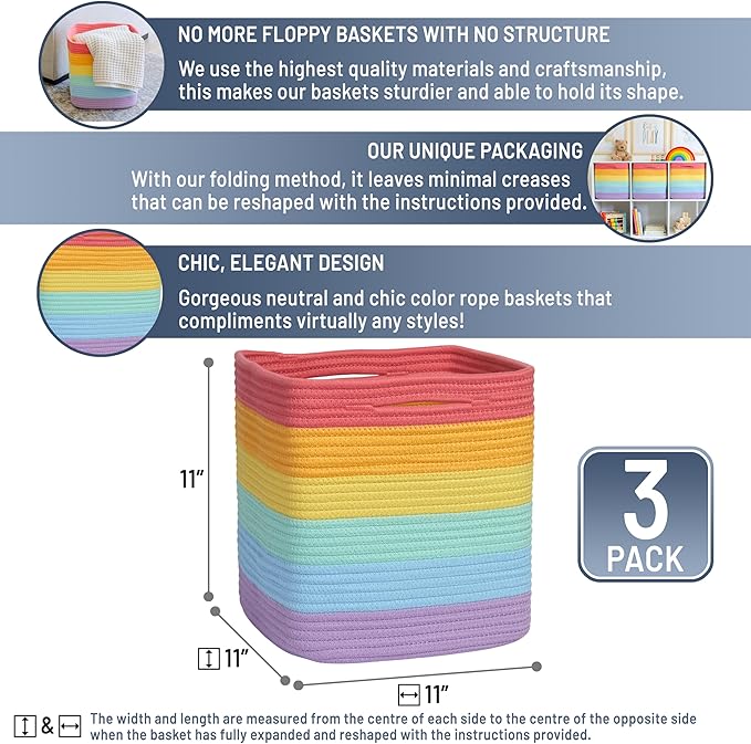 NaturalCozy Storage Cubes 11 Inch Cotton Rope Woven Baskets for Organizing, 3-Pack | Cube Storage Bin | Square Storage Baskets for Shelves Organizer, Classroom, Kids Toy Bins, Closet, Baby Nursery-Ruum Studio Home