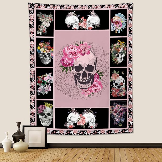 yowecso Sugar Skull Tapestry Horror Skeleton Tapestry Wall Hanging for Bedroom Rose Skull Tapestries Aesthetic Wall Decor for Home Dorm Living Room 50"x60"-Ruum Studio Home