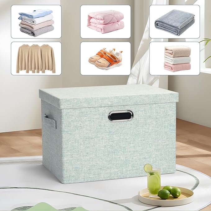 Large 17" 36 Quart Collapsible Stackable Storage Bins with Lids, 3 Packs Light Green Linen Fabric Closet Boxes with Lids, Storage Cube Baskets Container Organizers for Office (17x12x11)-Ruum Studio Home