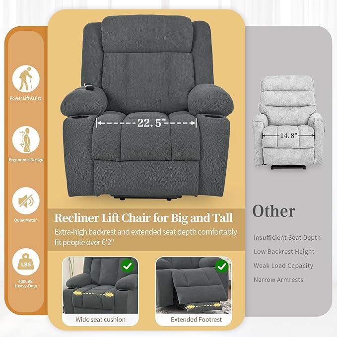 Oversize Power Lift Recliner Chair for Big and Tall with Extended Footrest, Large Electric Lift Chairs, 400lbs Capacity, Remote Control, Cup Holders & Side Pockets-Ruum Studio Home
