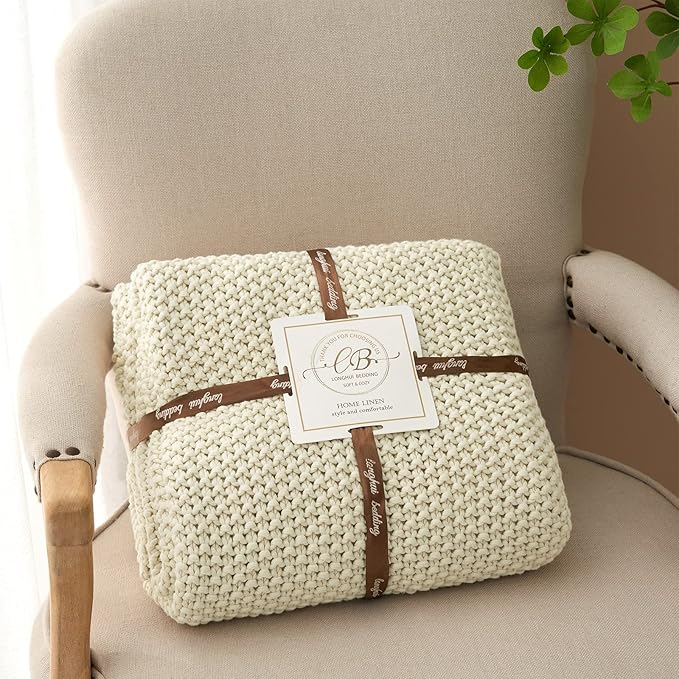 Longhui bedding Chunky Cable Knit Throw Blanket Lightweight Cream 100% Organic Cotton Blanket for Sofa Couch Bed Baby Nursery, Rustic Shabby Chic Modern Farmhouse, 60” x 80” Give Laundering Bag-Ruum Studio Home