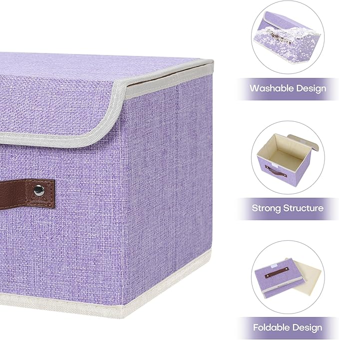 ANMINY 2PCS Storage Bins with Lid PU Leather Handles Storage Boxes PP Plastic Board Decorative Foldable Lidded Cotton Linen Fabric Home Cubes Baskets Closet Organizer Containers - Purple, Small Size-Ruum Studio Home