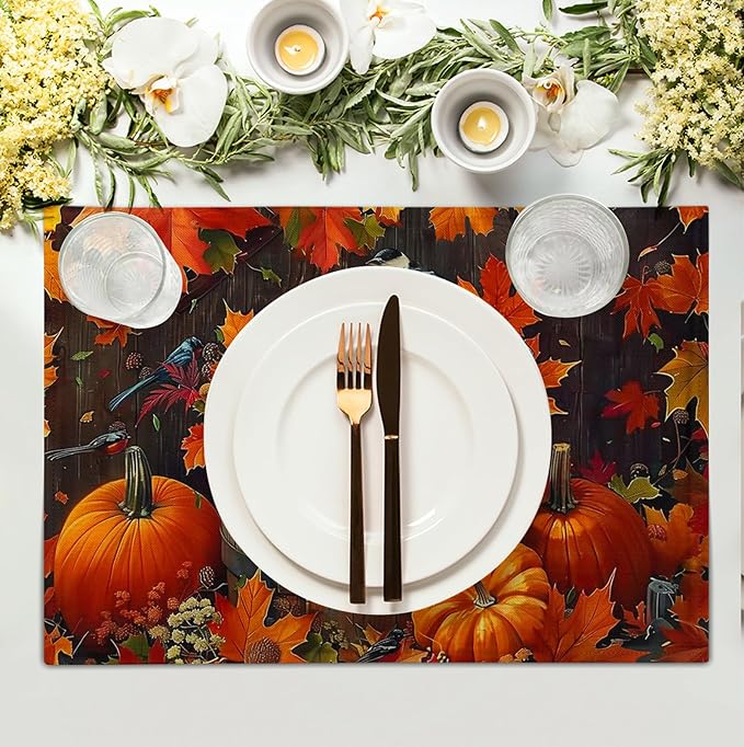 Pumpkin Maple Leaf Bird Fall Placemats Set of 4 Autumn Thanksgiving Seasonal Holiday Harvest Linen Table Mats Orange Brown Washable Place Mats for Party Kitchen Dining Outdoor Indoor Decor-Ruum Studio Home