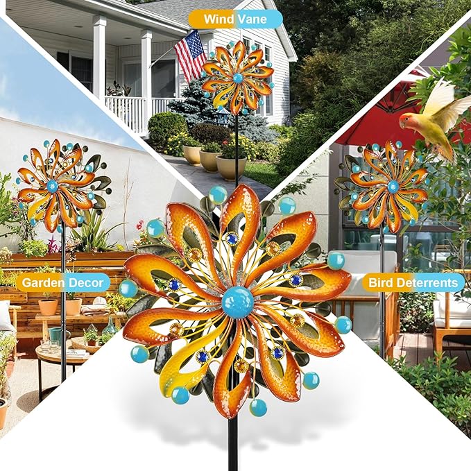 Wind Spinners for Yard and Garden - Wind Sculptures & Spinners 75 in Garden Kinetic Art with Solar Powered Multi-Color Glass Ball Light - Gradient Brown-Ruum Studio Home