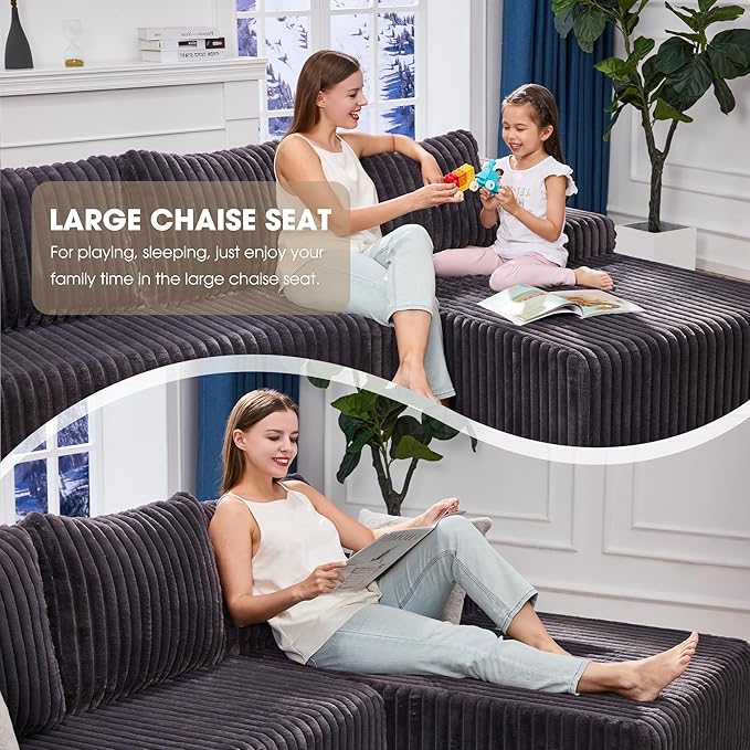 Hobestluk 96” Modular Sectional Sofa Couches L-Shape Couch 3 Seat Modular Sofa Memory Foam Sectional Couches for Living Room, Cloud Couch with Oversized Chaise (Grey, Stripe (Right Facing Chaise))-Ruum Studio Home