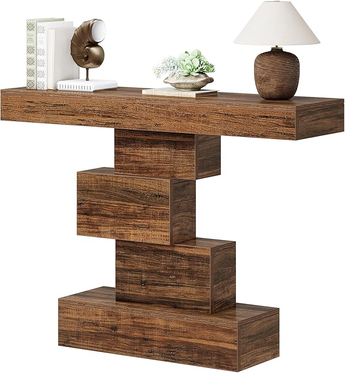 Tribesigns 42.5" Farmhouse Console Table, Narrow Wood Sofa Table Behind Couch with Geometric Base, Industrial Entryway Accent Table for Living Room, Hallway, Entrance (Rustic Brown)-Ruum Studio Home