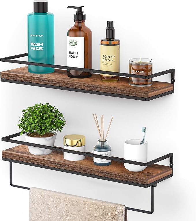 Meangood Floating Shelves Wall Mounted Set of 2, Wall Shelf with Towel Bar Rustic Wood Wall Storage Shelves for Bedroom,Living Room,Bathroom, Kitchen Rustic Brown-Ruum Studio Home