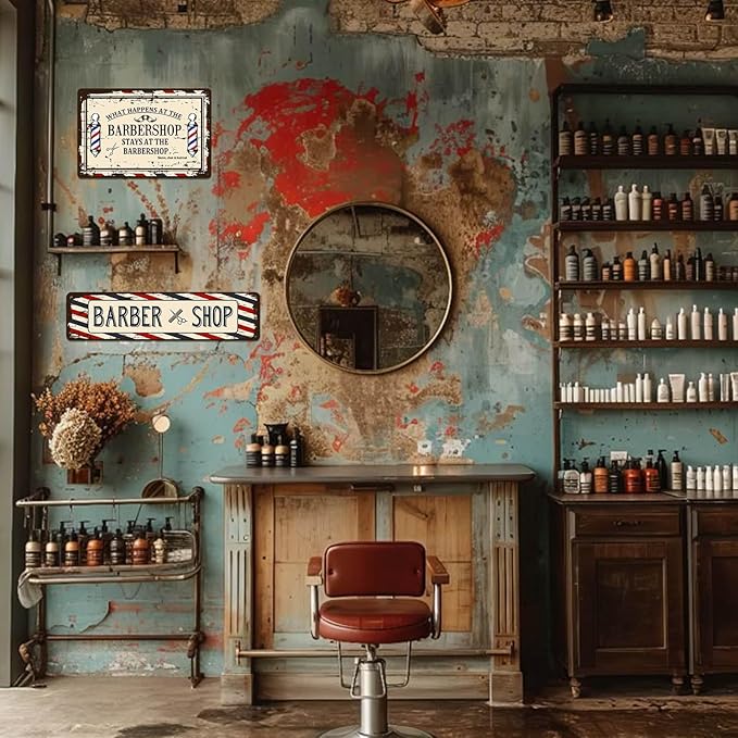 Barber Shop Decor Accessories - Vintage Barbershop Metal Tin Signs Haircut Wall Art Posters Gifts for Men Decorations - What Happens At The Barbershop Stays At The Barbershop Sign 8x12 Inch-Ruum Studio Home