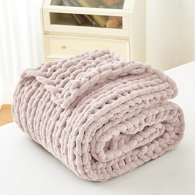 Admitrack Chunky Knit Blanket Throw, 100% Hand Knit Chenille Throw Blanket for Sofa & Home Decor, Soft and Cozy Knitted Throw Blankets (Pink，51"x63")-Ruum Studio Home