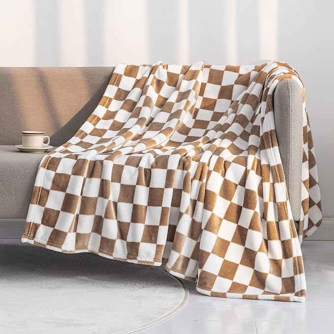 LOMAO Throw Blankets Flannel Blanket with Checkerboard Grid Pattern Soft Throw Blanket for Couch, Bed, Sofa Luxurious Warm and Cozy for All Seasons (Khaki, 50"x60")-Ruum Studio Home