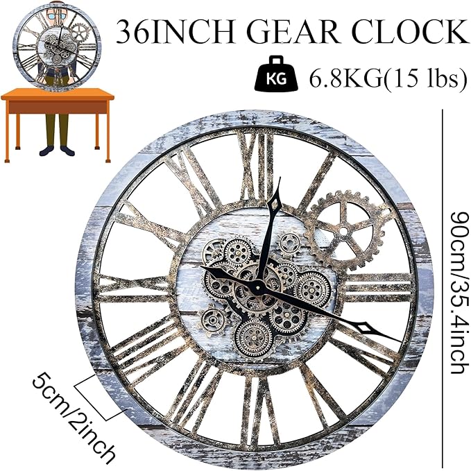 The B-Style Large Wall Clock 24 inch Moving Gear Wall Clock Oversized Vintage Farmhouse Wall Clocks for Living Room Decor Rustic Industrial Wood Clock (Aqua Green, 36 inch/90cm)-Ruum Studio Home