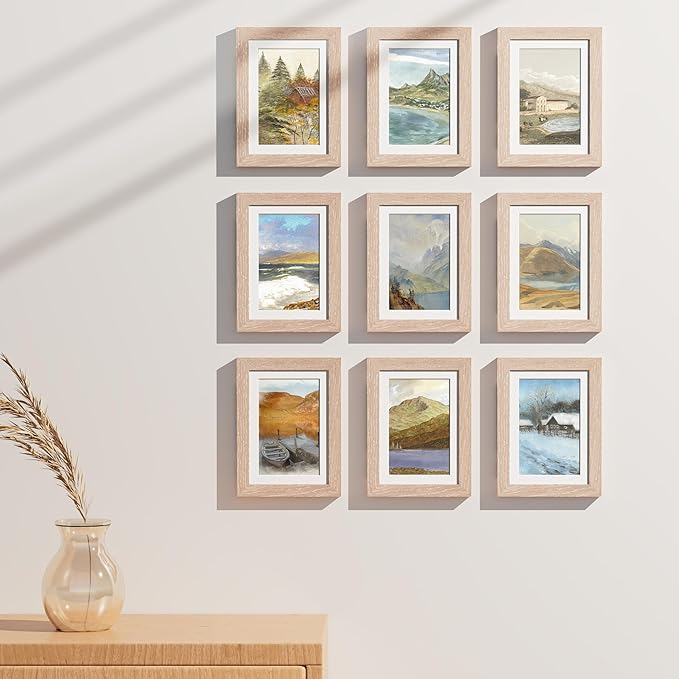 Vittanly 5x7 Picture Frames Set of 9, Shatter Resistant Plexiglass, Display 4x6 Pictures with Mat or 5x7 without Mat, Photo Frames for Wall or Tabletop, Engineered Wood, Rustic Pink-Ruum Studio Home
