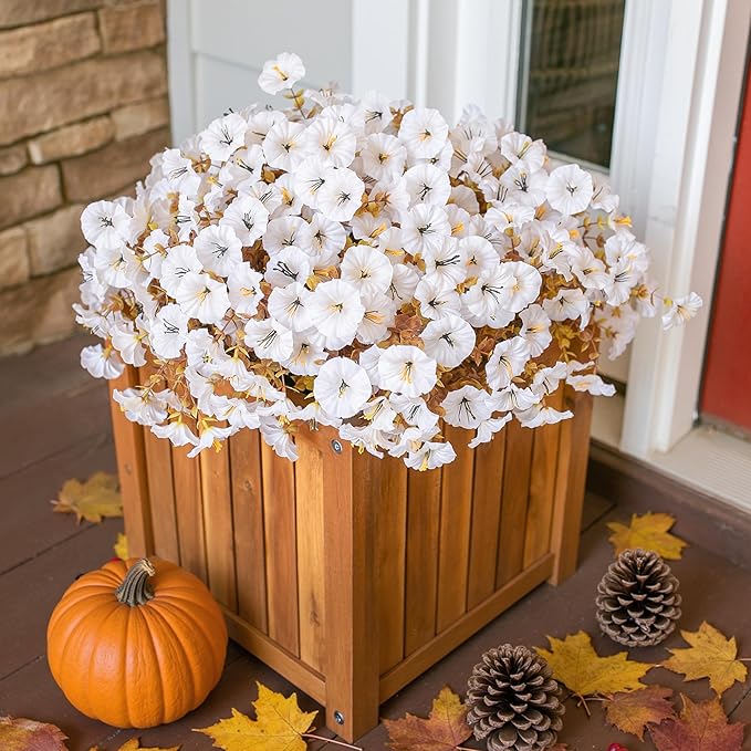 Fake Mums Artificial Fall Flowers Fake Plants for Outdoors Autumn Decor, 12 Bundles White Silk Morning Glory with Eucalyptus Look Real UV Resistant Faux Flowers for Outside Planters Front Door Yard-Ruum Studio Home