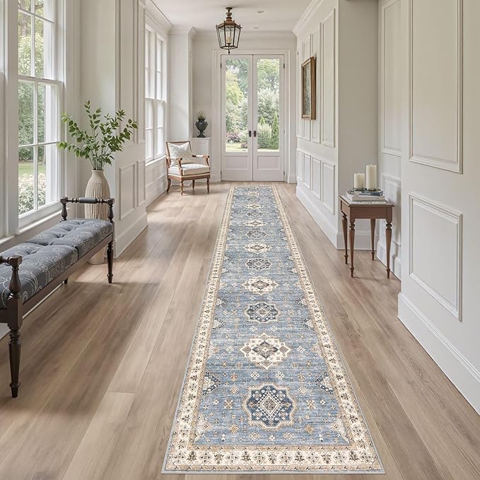 Washable 2.6x14 Runner Rug - Area Rugs Neutral Vintage Distressed Floral Farmhouse Boho Large Soft Floor Rug Indoor Carpet for Hallway Entryway Home - Blue-Ruum Studio Home