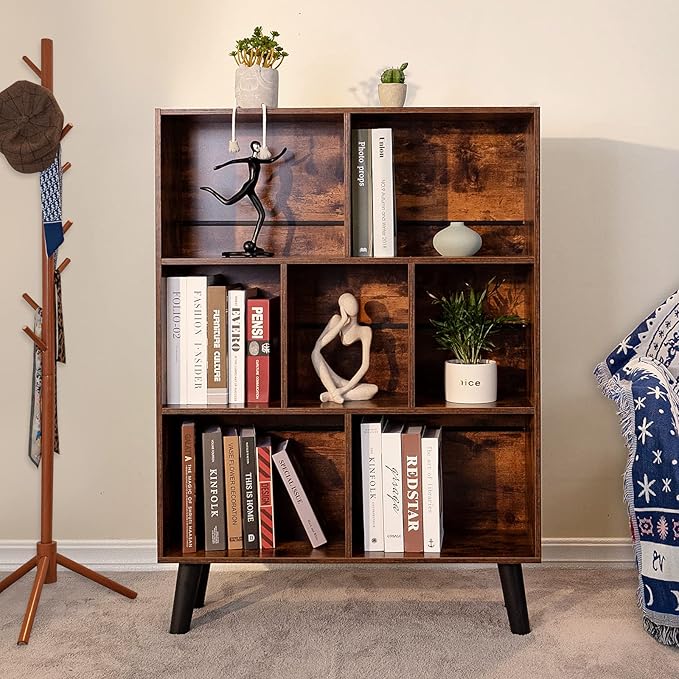 LEYAOYAO Cube Bookshelf 3 Tier Mid-Century Rustic Brown Modern Bookcase with Legs,Retro Wood Bookshelves Storage Organizer Shelf,Freestanding Open Book Shelves for Bedroom,Living Room,Office-Ruum Studio Home