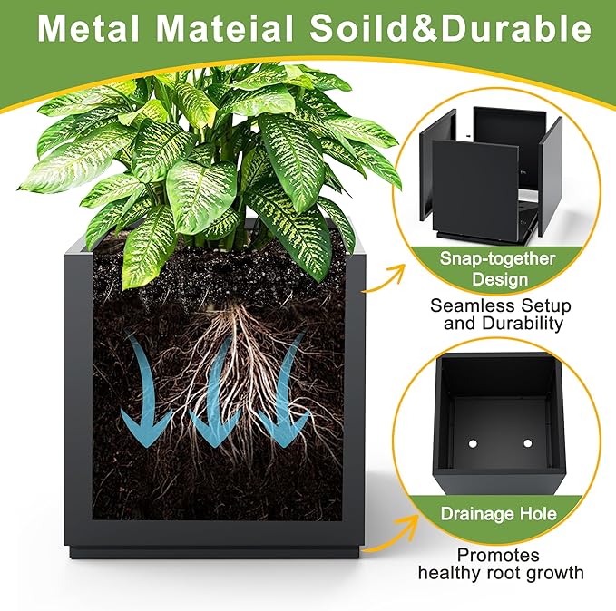 FENCY Large Square Planter 17" L x 17" W x 18" H, Planters for Outdoor Plants, Large Outdoor Planters for Porch Patio, Black Square Planter with Drainage Hole, All-Weather Use Cube Planter-Ruum Studio Home