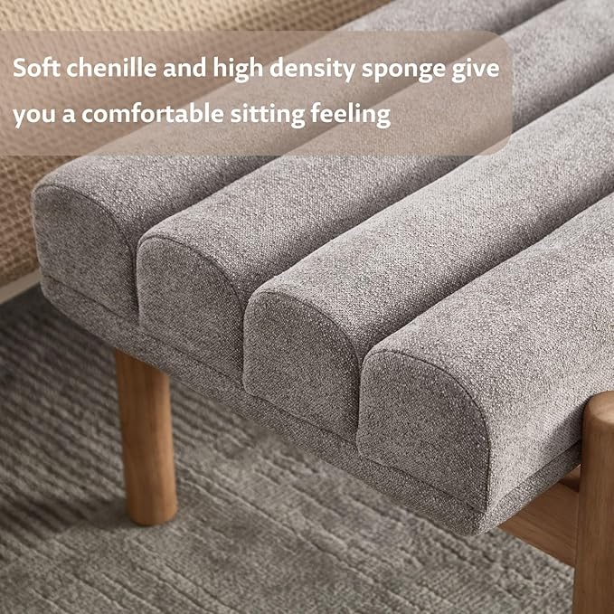 Upholstered Bench Grey Modern End of Bed Bench Chenille Fabric Bedroom Bench for Entryway Living Room Vanity Makeup Room, 47" Long, Wooden Legs-Ruum Studio Home