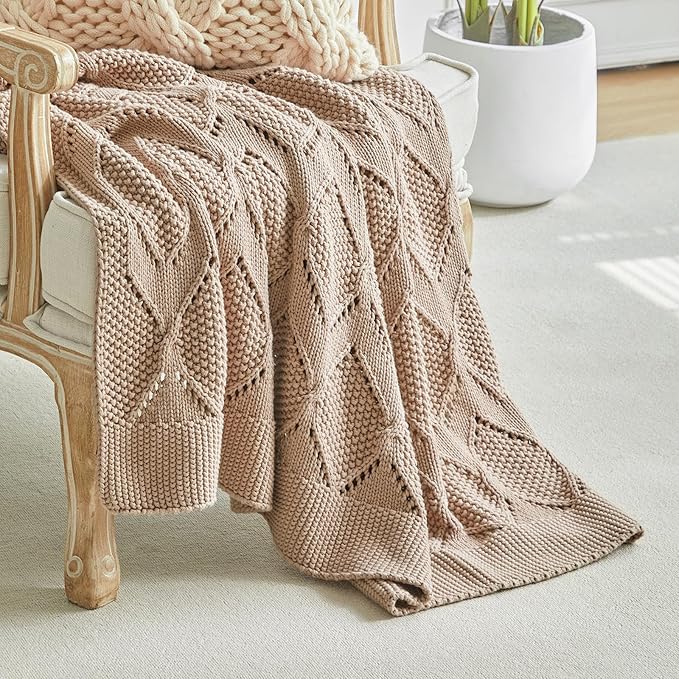 Longhui bedding Chunky Cotton Knit Throw Blanket for Couch, Sofa, Bed, or Chair, Decorative Breathable Fall Cable Knit Blanket 60 x 80 Inches, Pink Rose-Ruum Studio Home