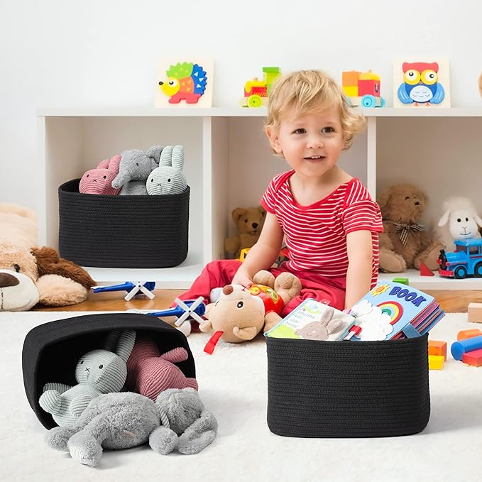 Cotton Rope storage Basket Bins 14.5X9.5X9.3“ Woven Basket for Organizing Shelves Rectangle Decorative Baskets For storage Clothes Toys Books Towels Square Wicker Nursery basket organizer 3 pack black-Ruum Studio Home