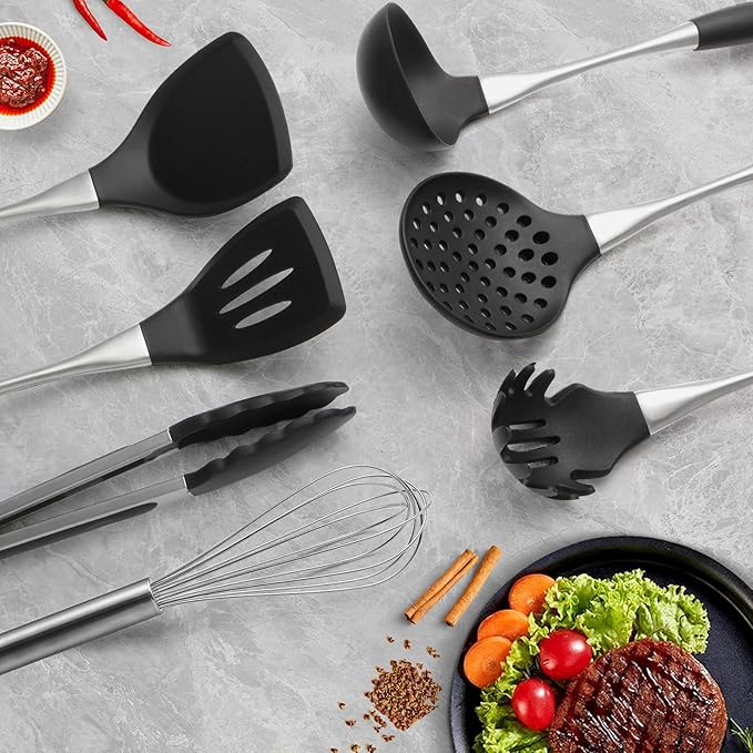 Premium Black Silicone Cooking Utensils Set - Non-Toxic, Heat Resistant& Non-Stick Kitchen Utensils Set with Spatula, Spoon, Whisk, Tongs, BPA Free, Dishwasher Safe, Black-Ruum Studio Home
